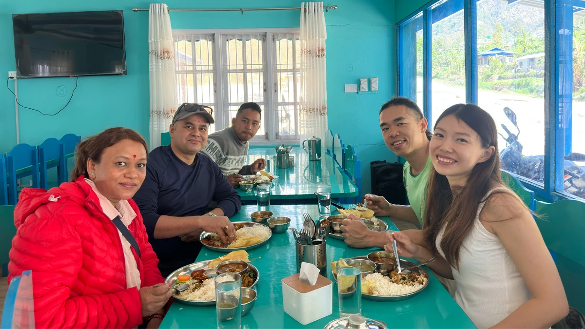 Lunch stop at local teahouse in Melamchi during Ama Yangri trek traditional Nepali meal