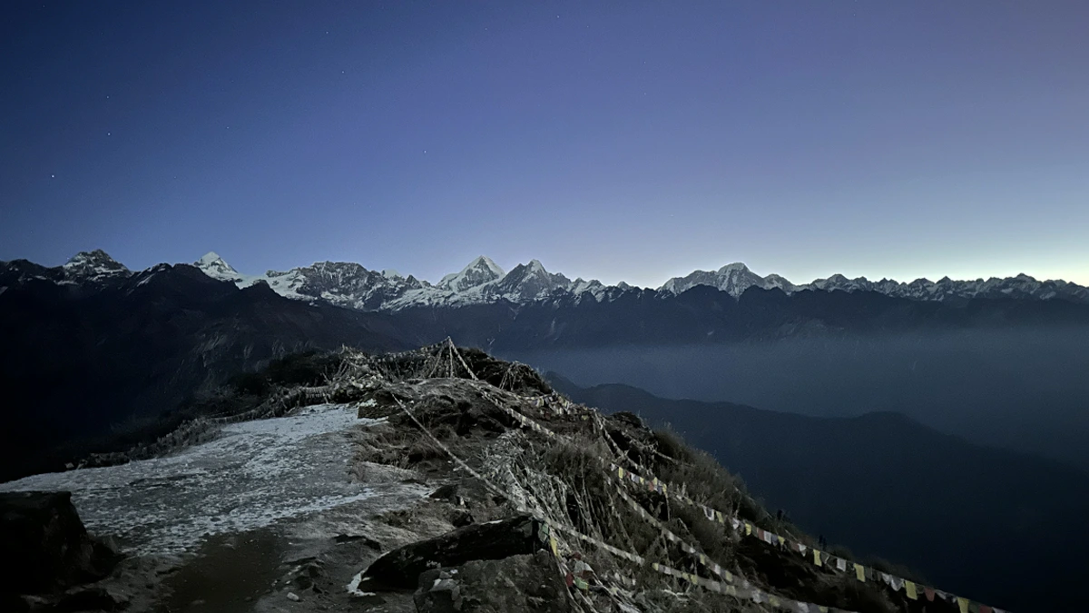 Early morning golden light on Ama Yangri peak before sunrise at 3,771 meters Helambu region
