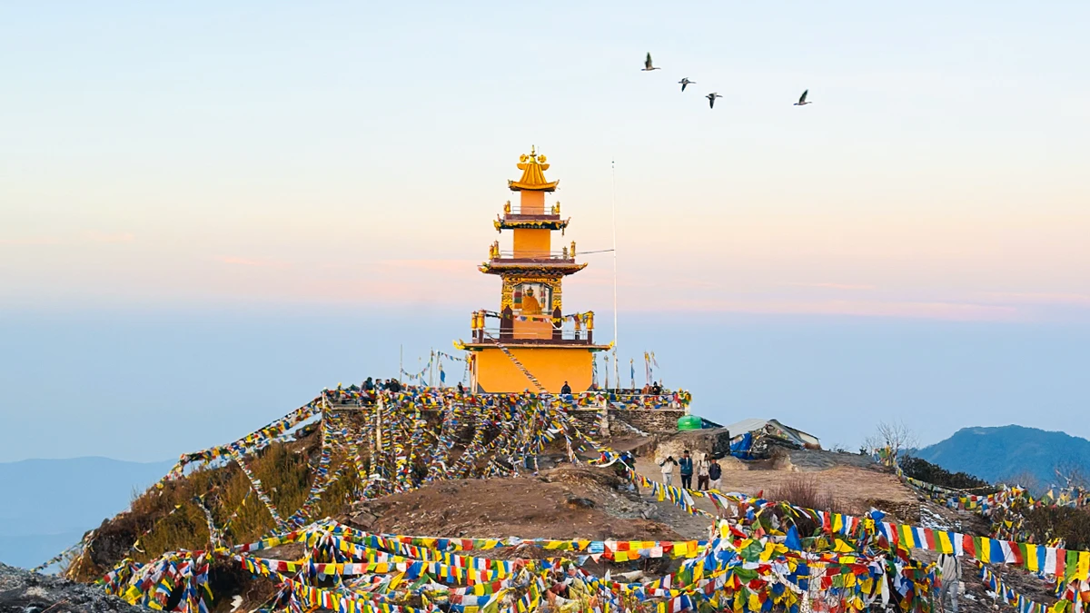 Buddhist monastery at Ama Yangri summit 3,771 meters prayer flags chorten sacred pilgrimage site