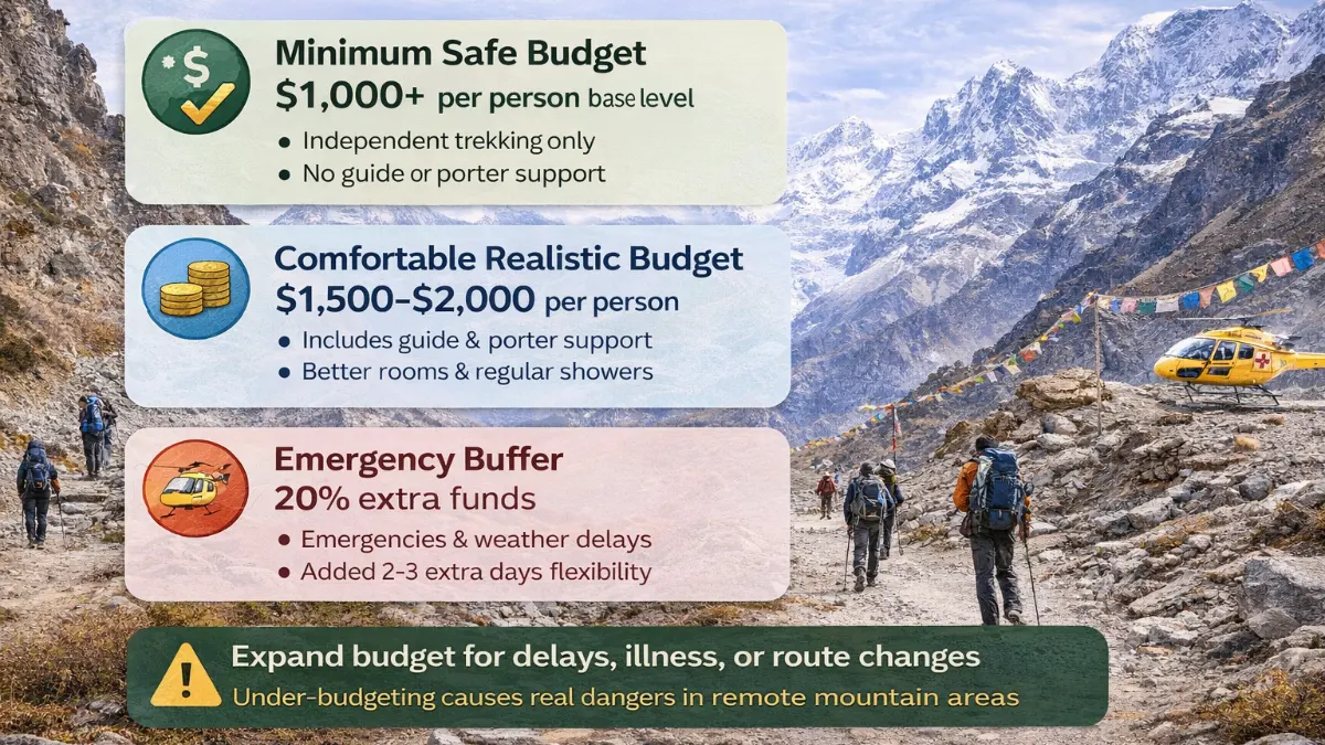 Annapurna Circuit trek budget overview showing minimum safe budget, comfortable budget range, and emergency buffer for trekking in Nepal