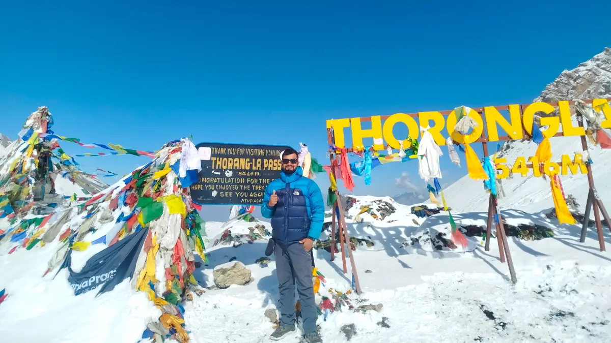 Trekker at Thorong La Pass