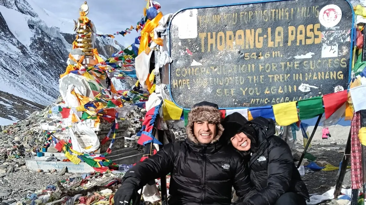 Trekkers crossing Thorong La Pass on Annapurna Circuit trek