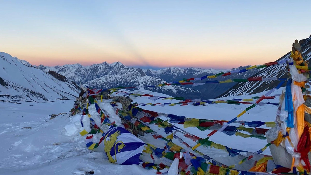 Panoramic mountain view from Thorong La Pass on Annapurna Circuit