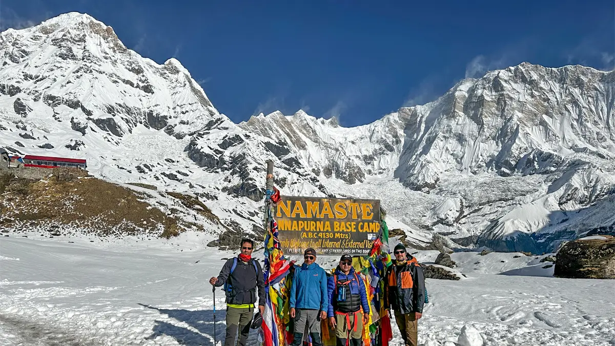Trekking to Annapurna Base Camp with Himalayan views.