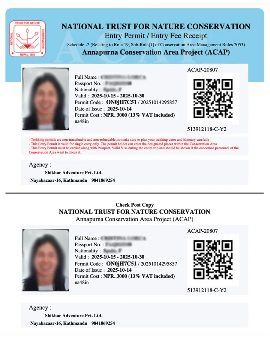 ACAP permit obtained online through a authorized trekking agency