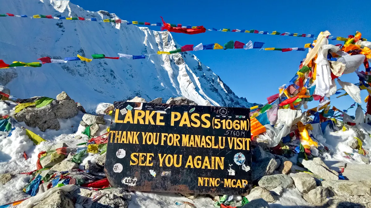 Larkya La Pass crossing at 5,106 meters highest point Manaslu Circuit trek
