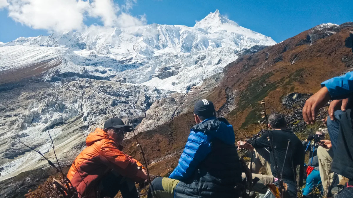Mt Manaslu view from Birendra Lake acclimatization hike Manaslu Circuit