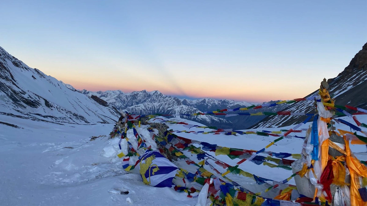View from Thorong La Pass at 5,416 meters Annapurna Circuit highest point