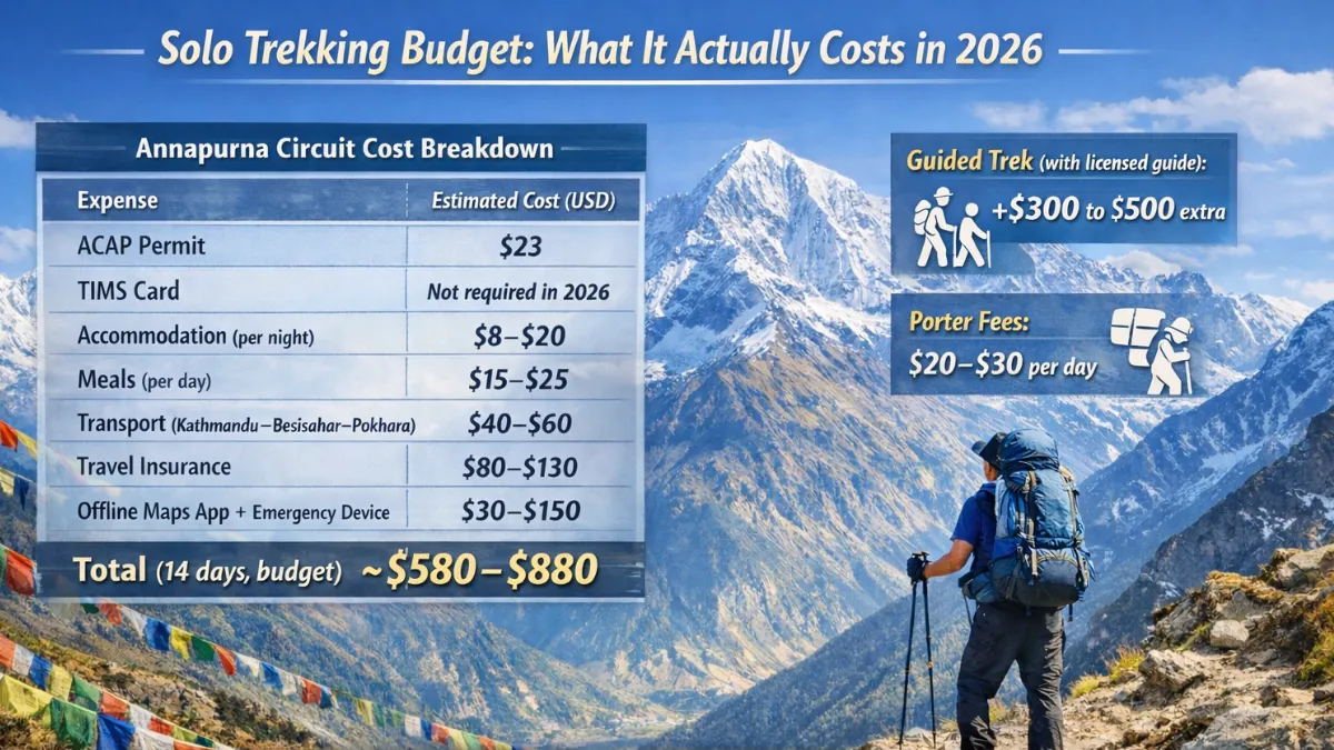 Annapurna Circuit solo trekking budget infographic showing daily costs, permits, and optional guide or porter fees for 14 days ($580–$880).