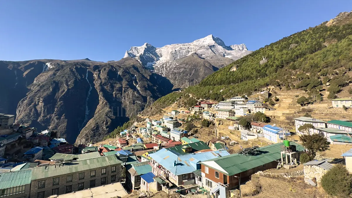 Namche Bazaar amphitheater town with Himalayas visible in background