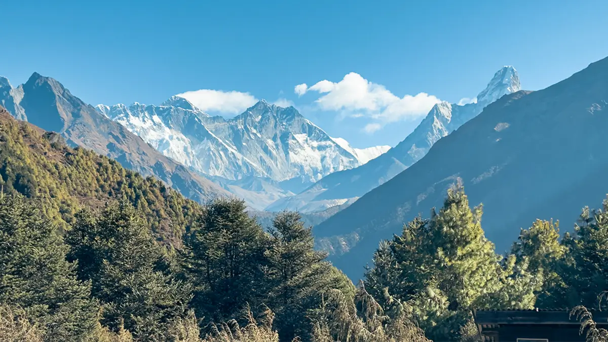 Amazing view of mt. Amadablam, Everest and other peaks from Everest View Point in Namche
