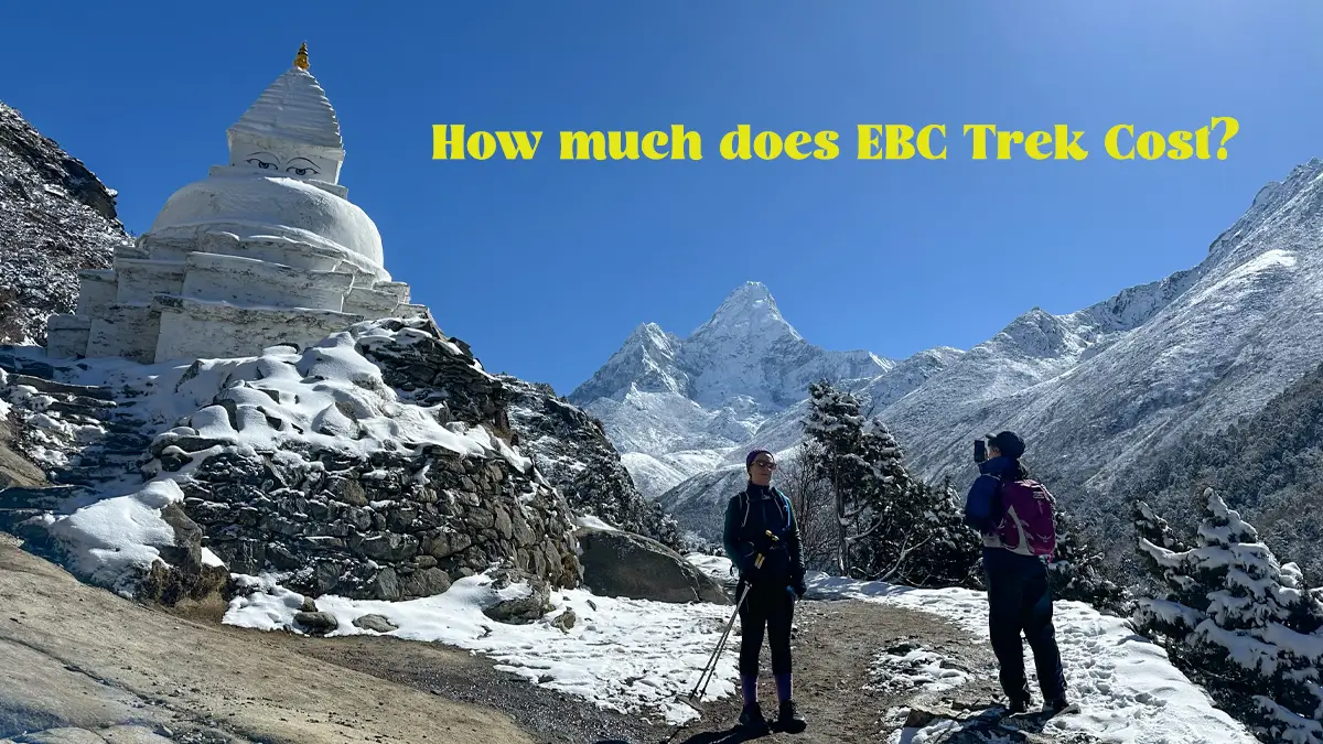 Graphic showing Everest Base Camp trek cost overlaid on a map of the EBC route through the Khumbu region.
