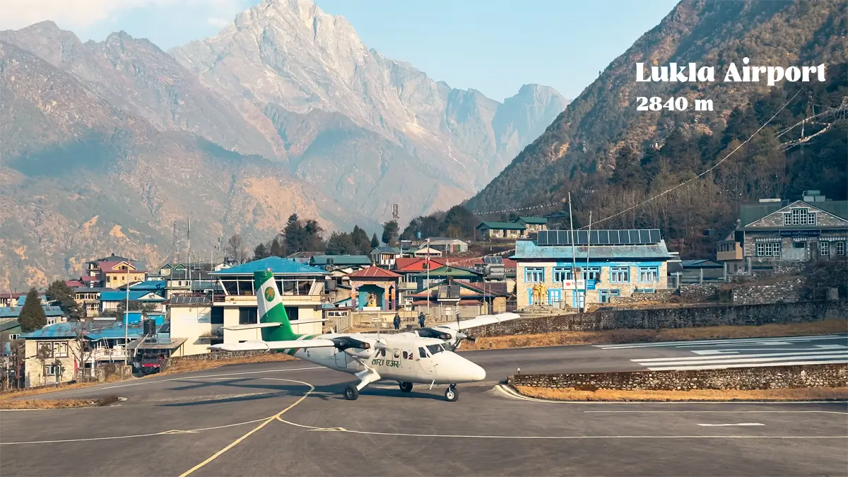 Lukla Airport, the gateway to the Everest region, with short runway surrounded by Himalayan hills.
