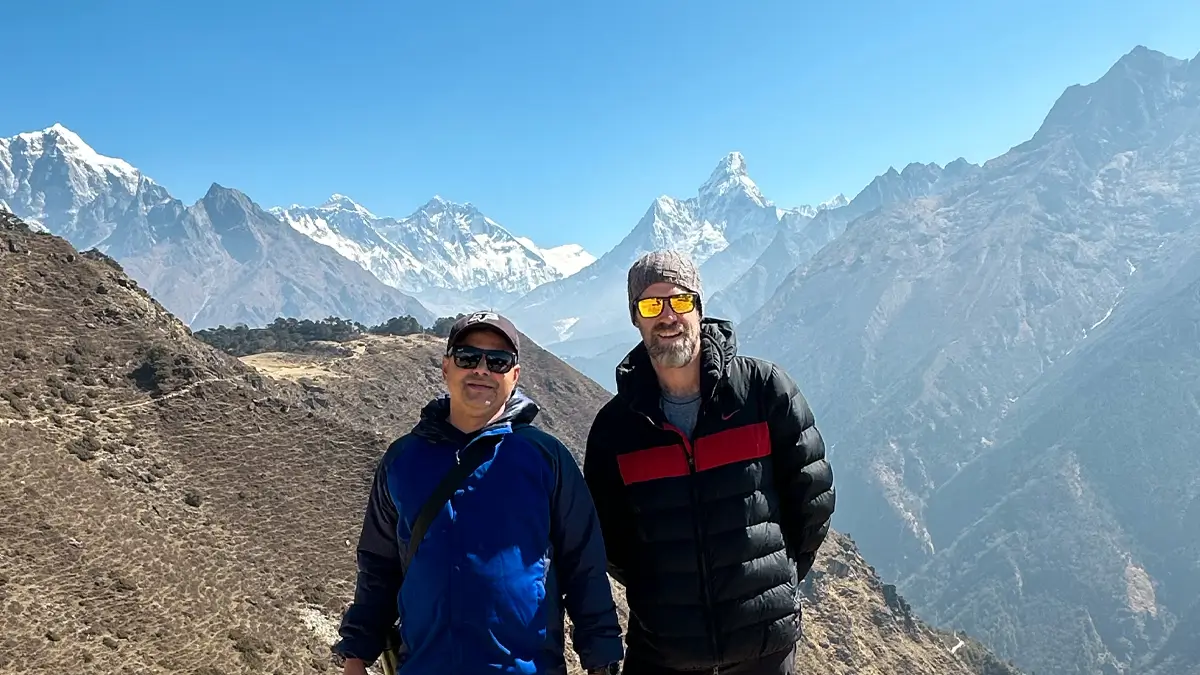 Trekkers on an acclimatization hike to Everest View Point near Namche Bazaar on the Everest Base Camp trek