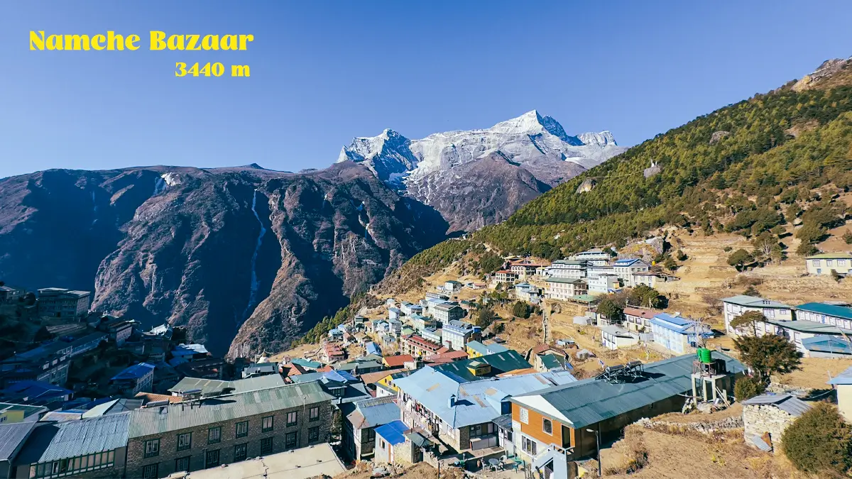 Namche Bazaar, the gateway town to Everest, nestled in a natural amphitheater with Himalayan peaks in the backdrop
