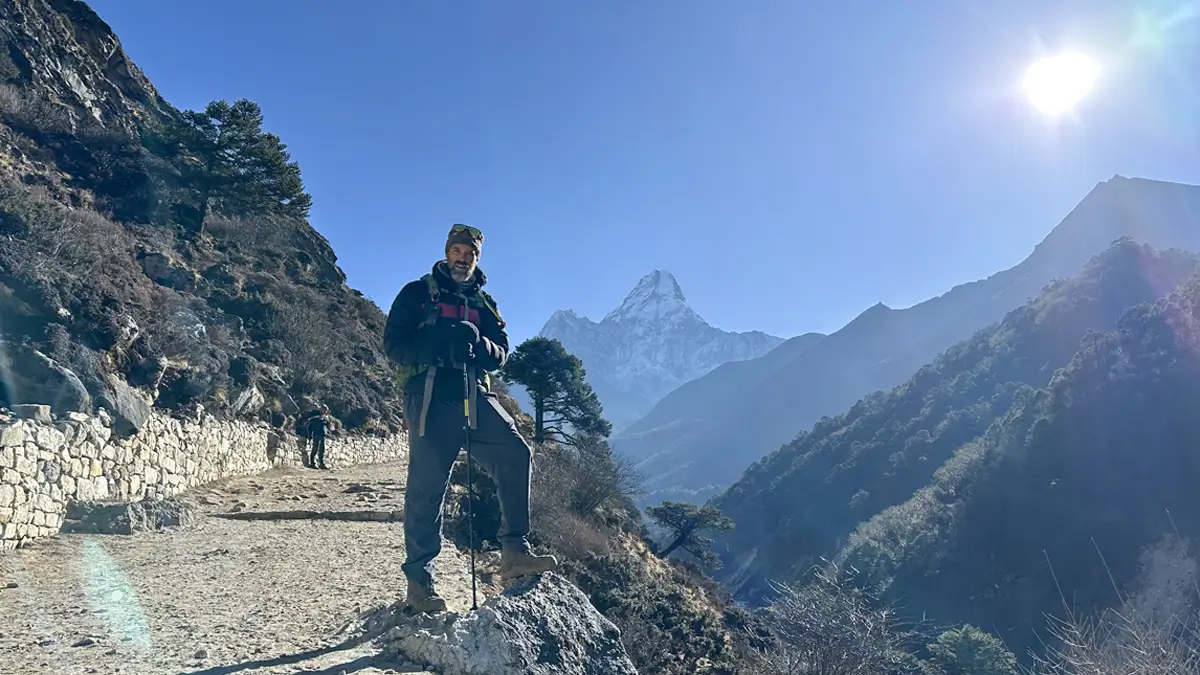 Scenic trail from Tengboche to Dingboche with Ama Dablam towering in the background.