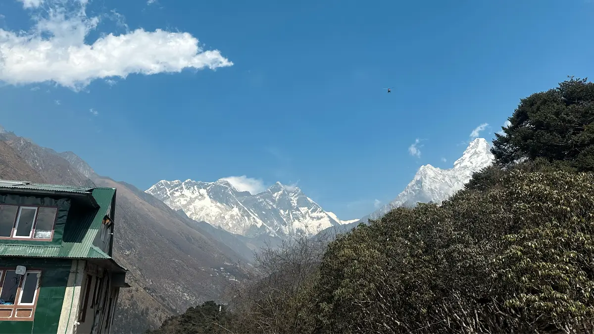 Trekkers walking near Tengboche village on the Everest Base Camp trek in Nepal