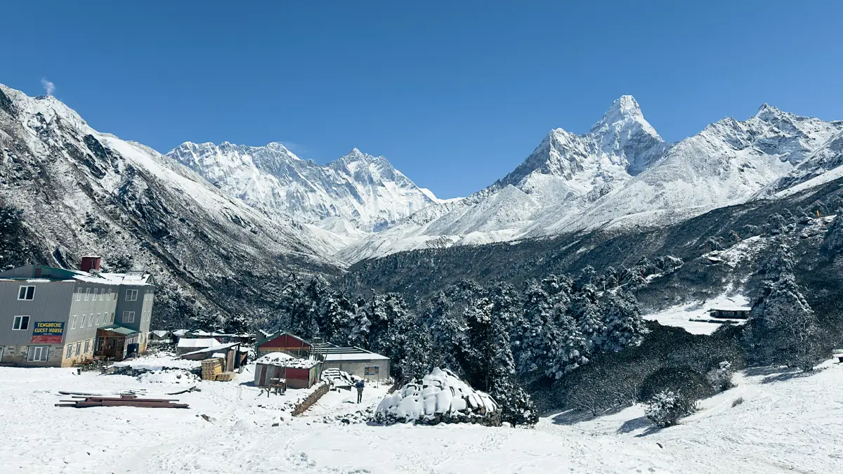 Everest and Ama Dablam seen from Tengboche Monastery