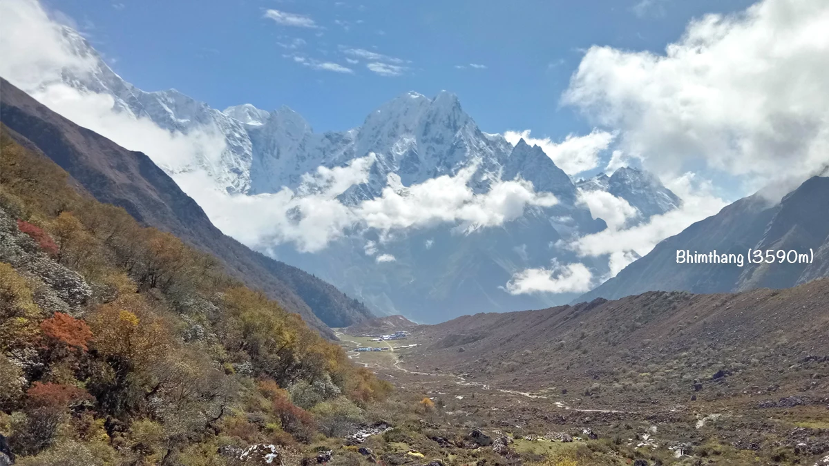Trekkers approaching Bhimthang after crossing Larke Pass on the Manaslu Circuit Trek