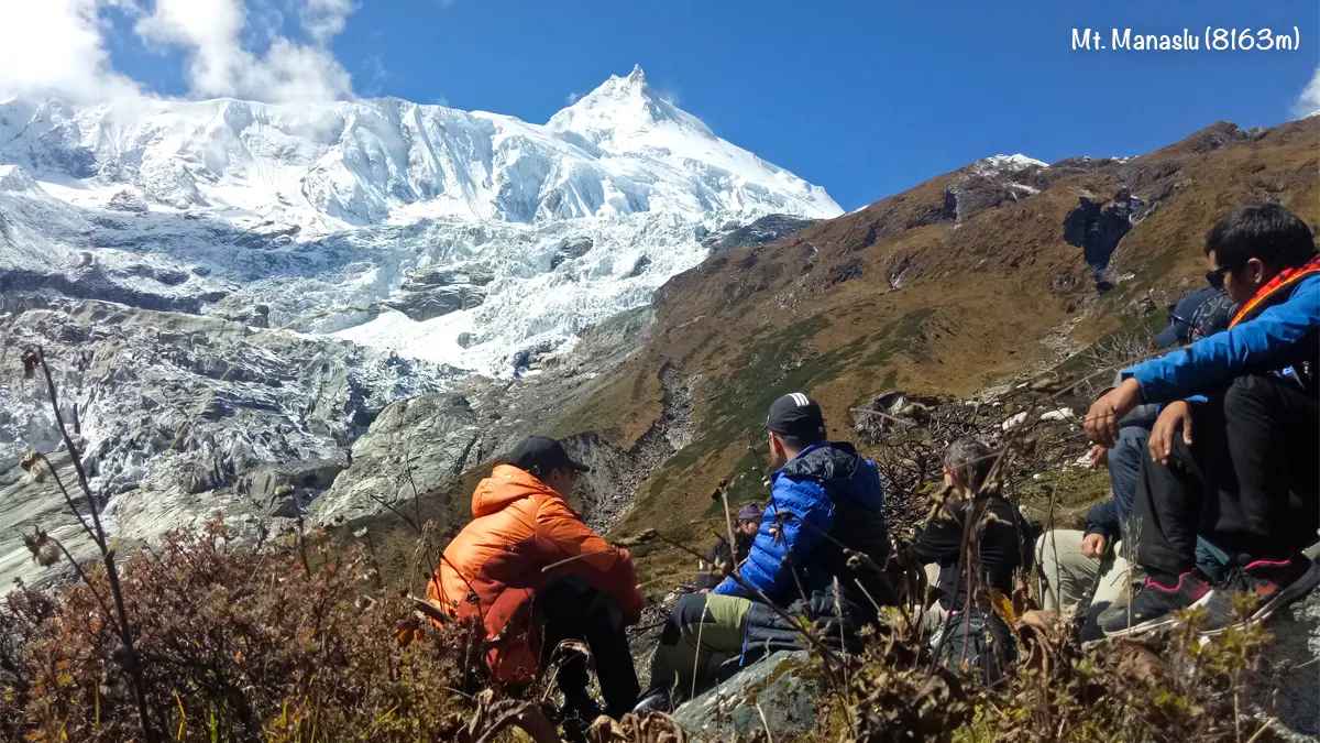Clear mountain view of Mount Manaslu seen from the trekking trail