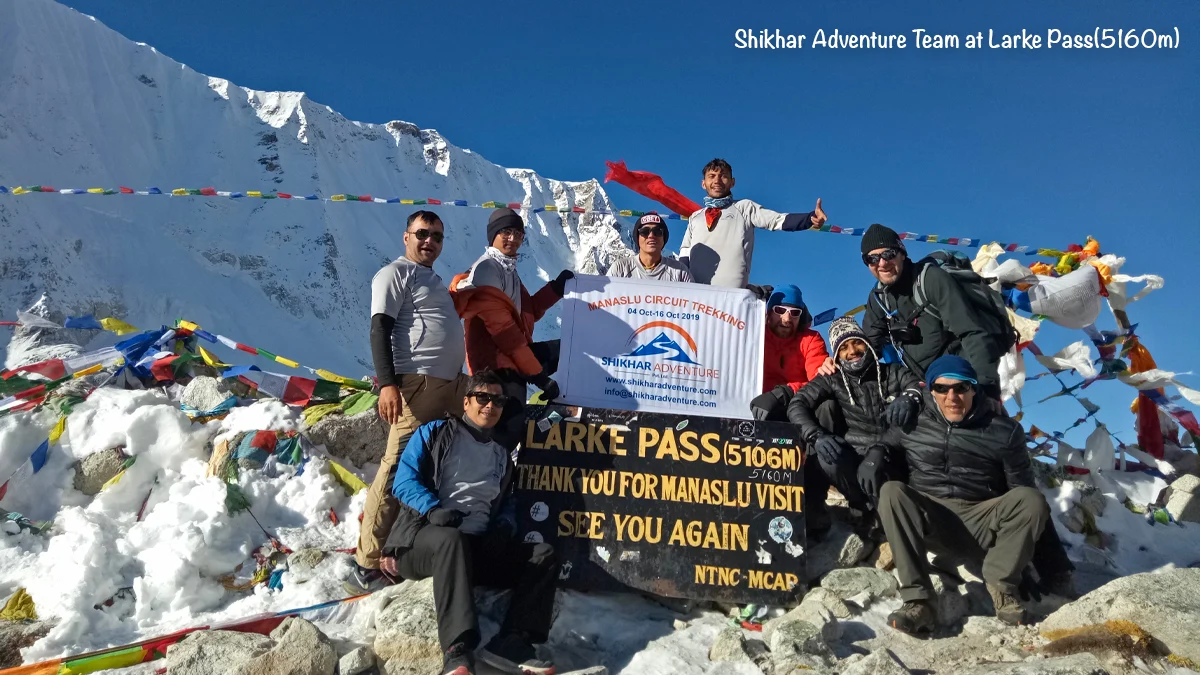 Shikhar Adventure trekking team standing at Larke Pass during the Manaslu Trek