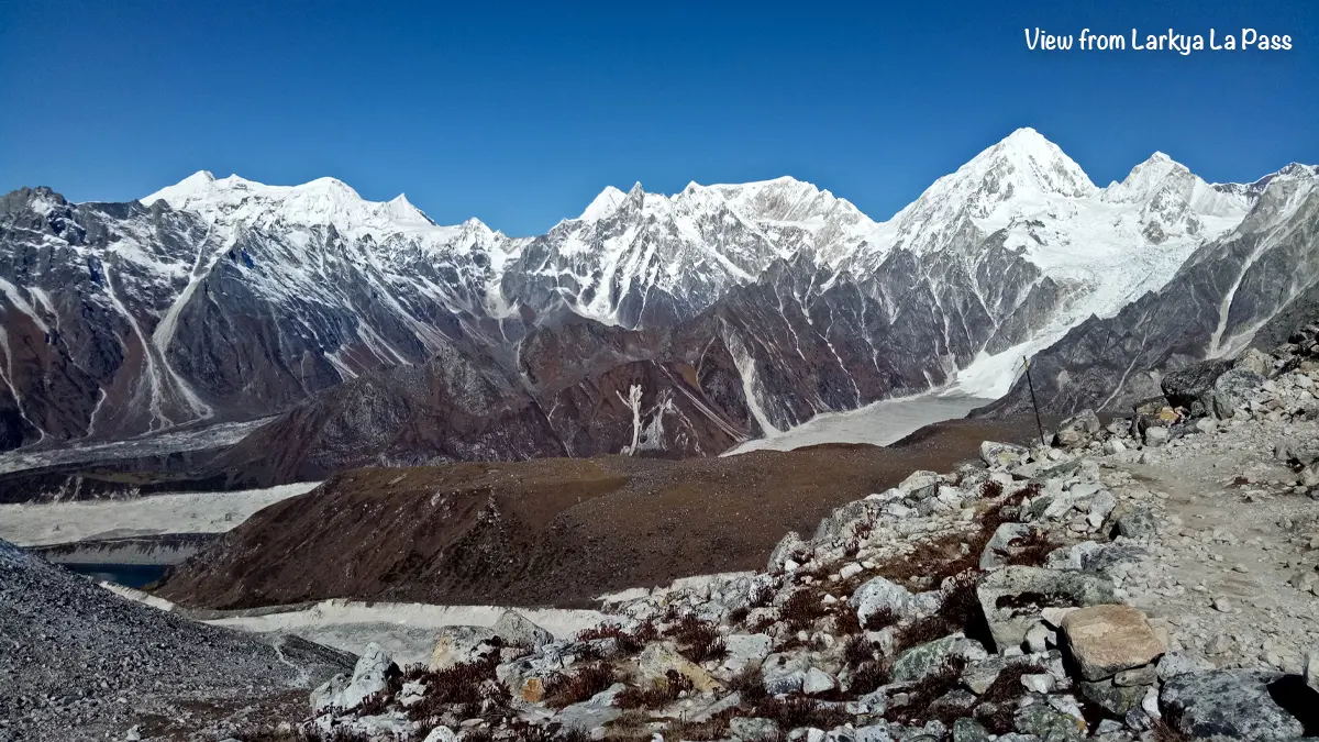 Panoramic mountain view seen from the top of Larke Pass in Manaslu
