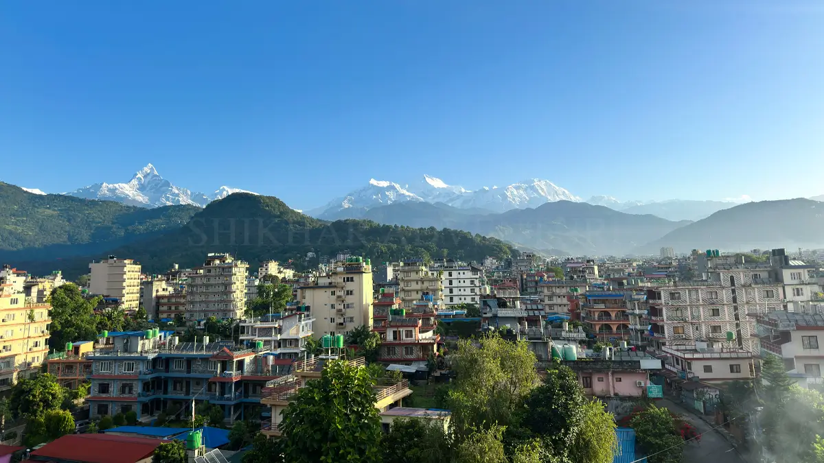 Scenic view of Phewa Lake and the Annapurna mountains from Pokhara, Nepal.