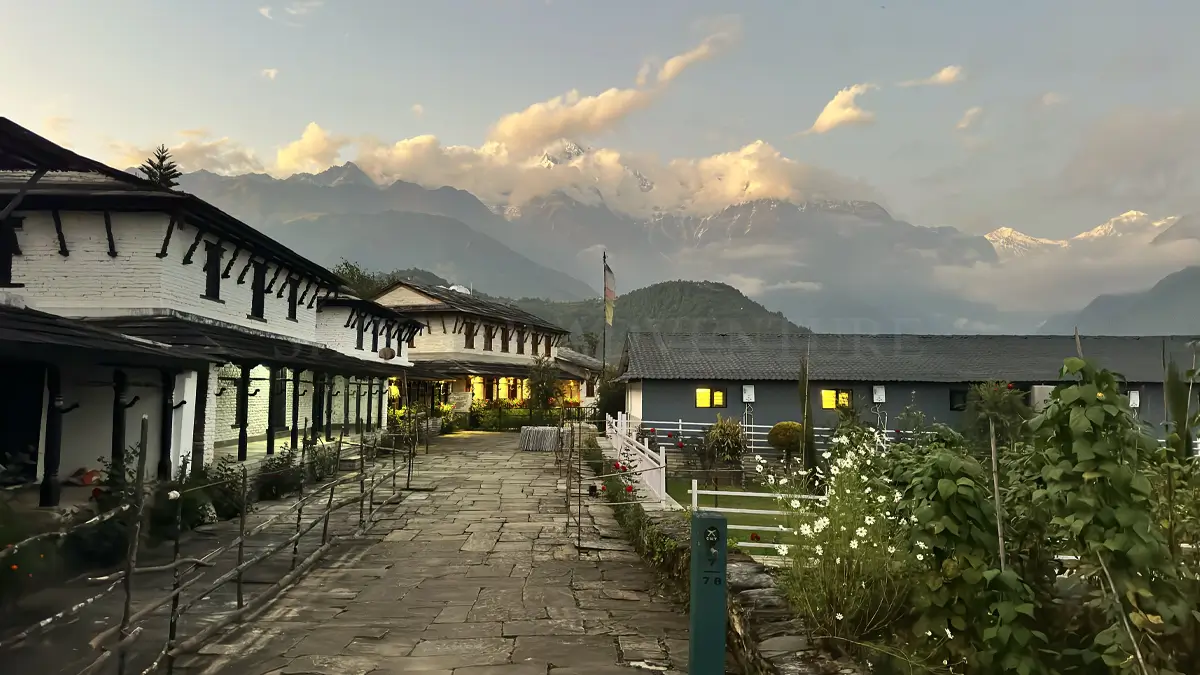 Traditional Gurung village of Ghandruk with stone houses and Annapurna peaks in the background.