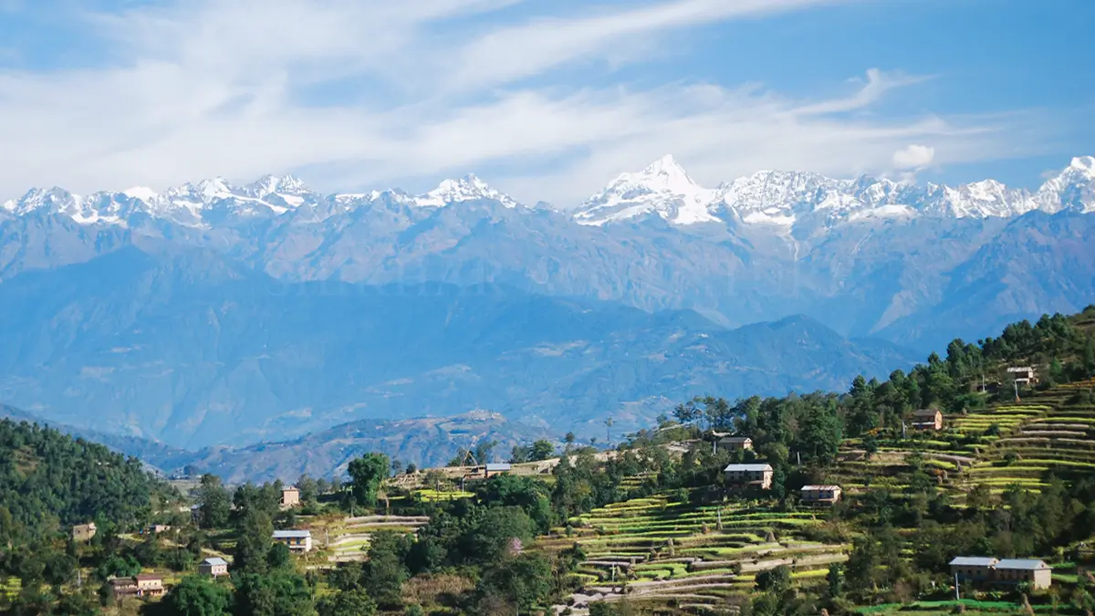 Scenic view of forests, hills, and traditional Helambu villages along the Helambu trekking trail in Nepal.