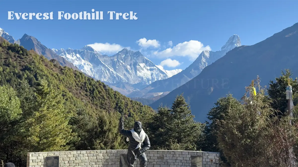 View of Mount Everest and surrounding peaks seen from Namche, the gateway to the Everest region.