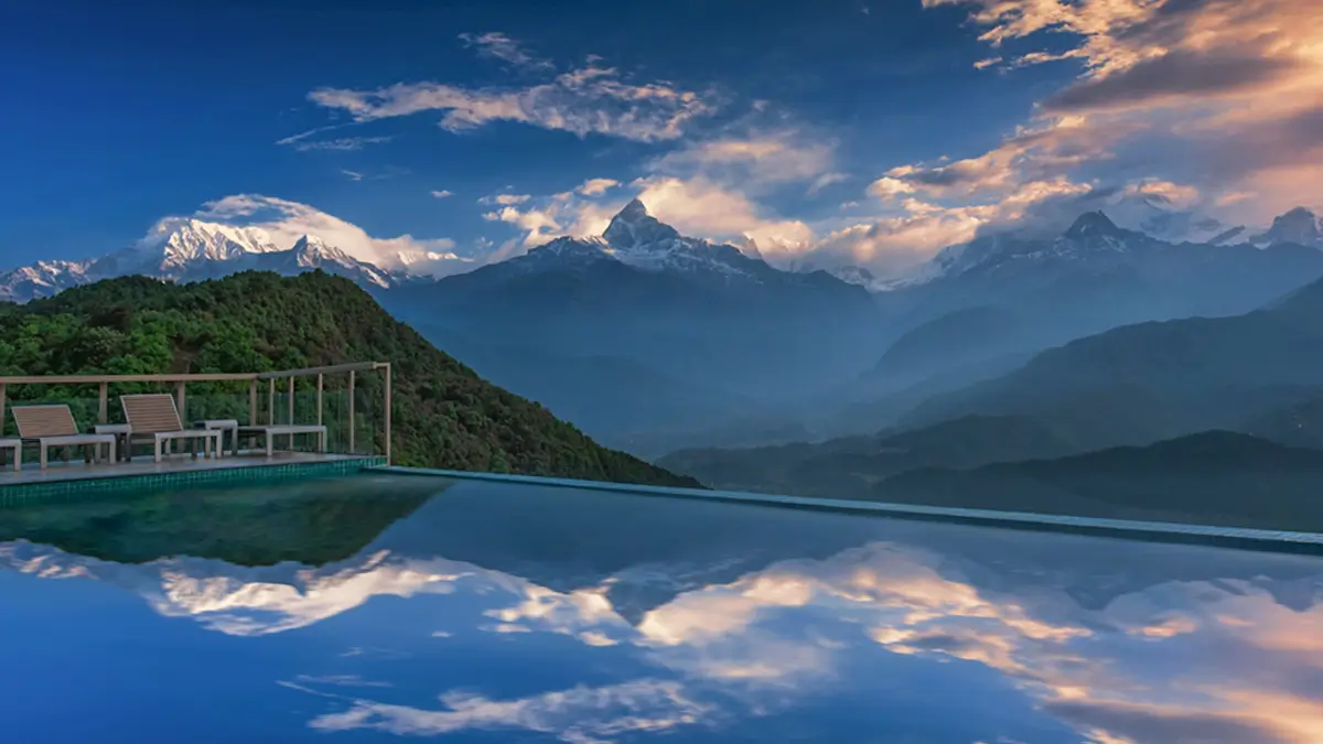 Panoramic view of Annapurna range from Sarangkot Luxury Stay, Nepal