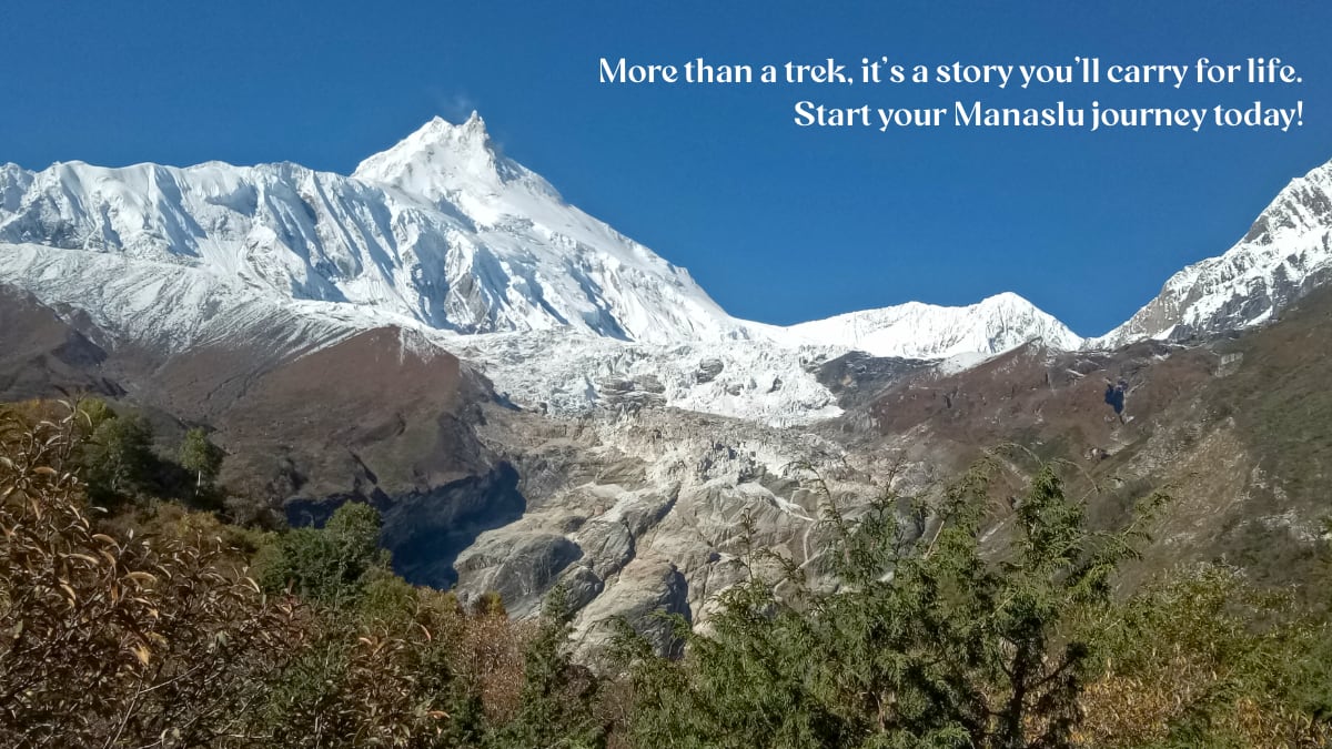 Scenic view of the Manaslu Circuit Trek showcasing rugged trails and Mount Manaslu under a clear Himalayan sky