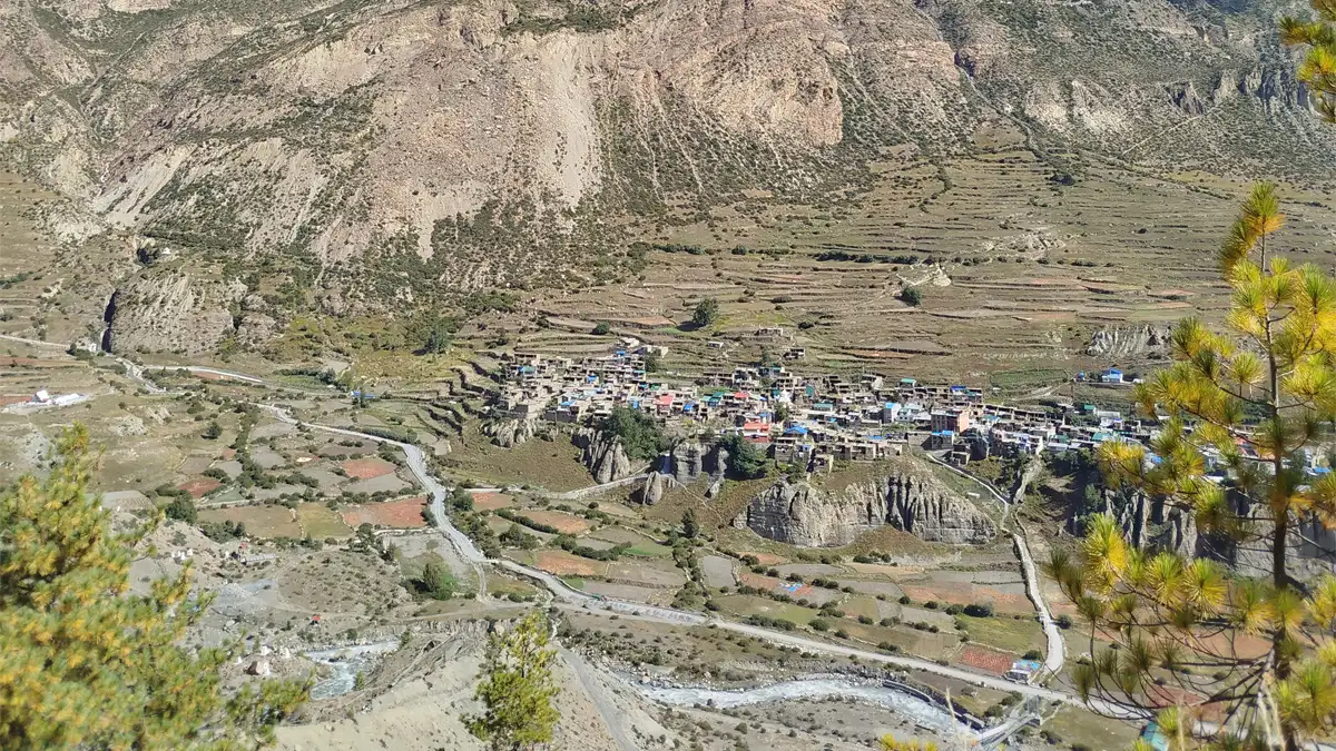 Annapurna Circuit trekking trail near Manang village with mountain backdrop and teahouses