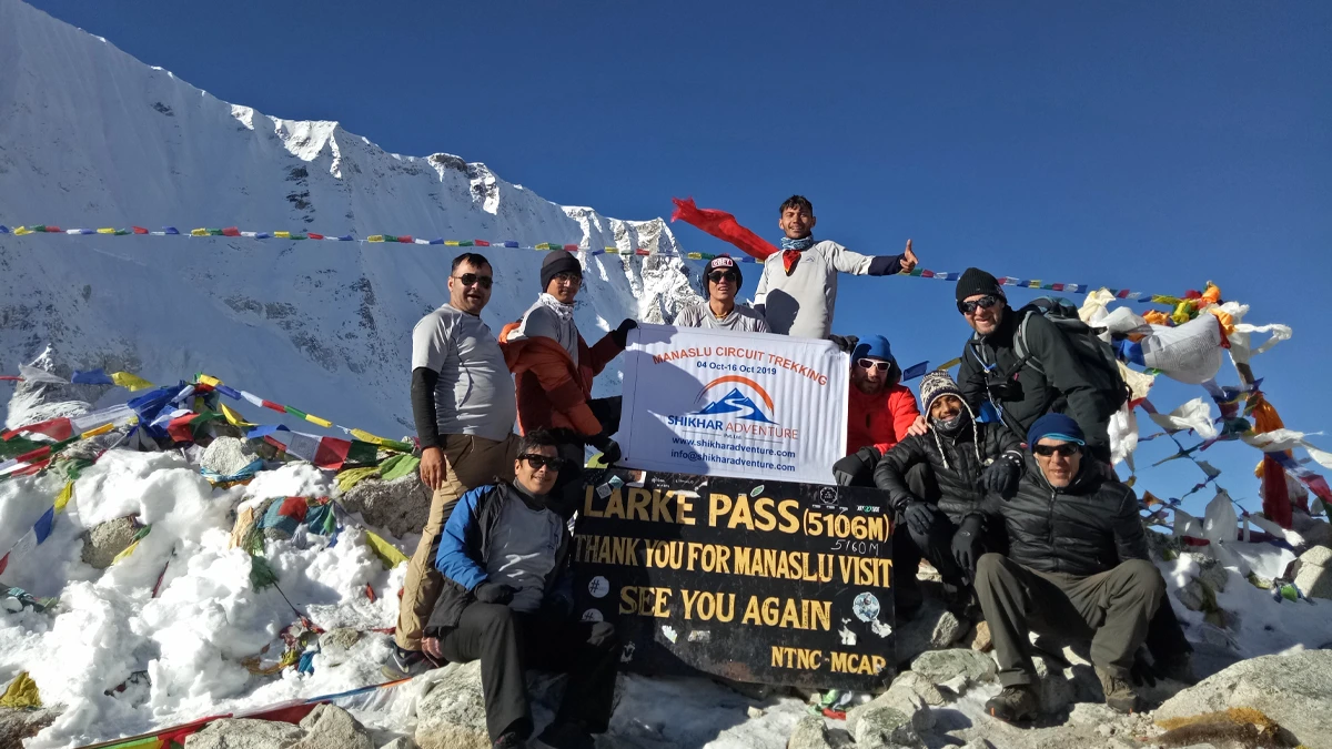 Larkya La Pass at 5,106 meters Manaslu Circuit trek highest point with Himalayan mountain views