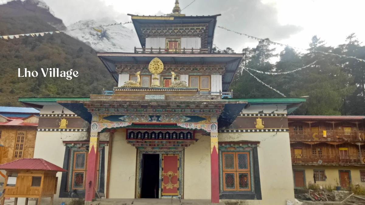 Lho Village at 3,180 meters Manaslu Circuit trek with Ribung Gompa monastery and Mt Manaslu south face