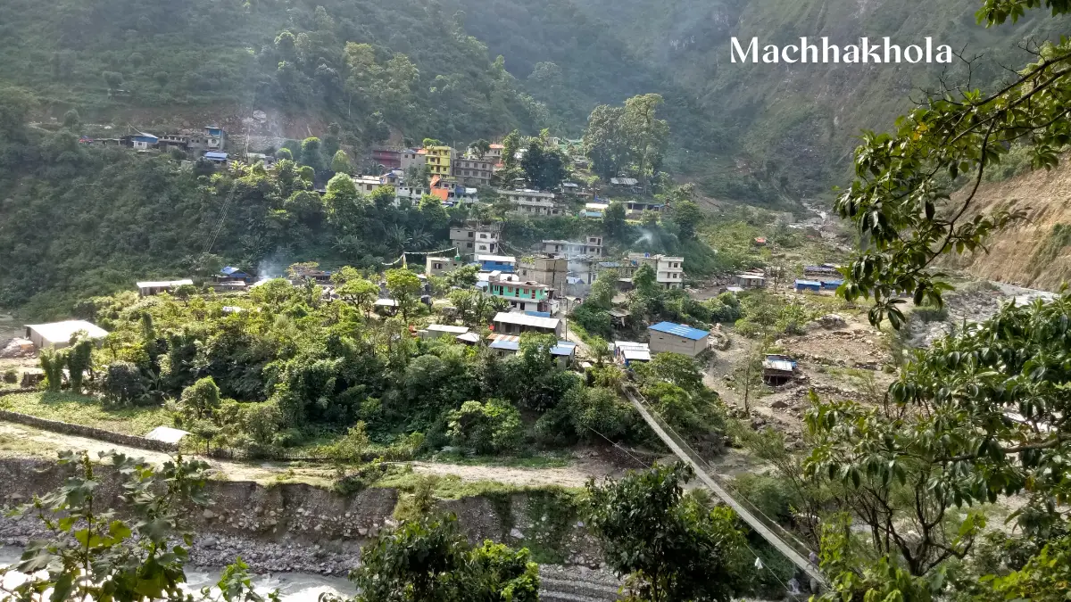 Machha Khola village trailhead starting point of Manaslu Circuit trek at 900 meters elevation
