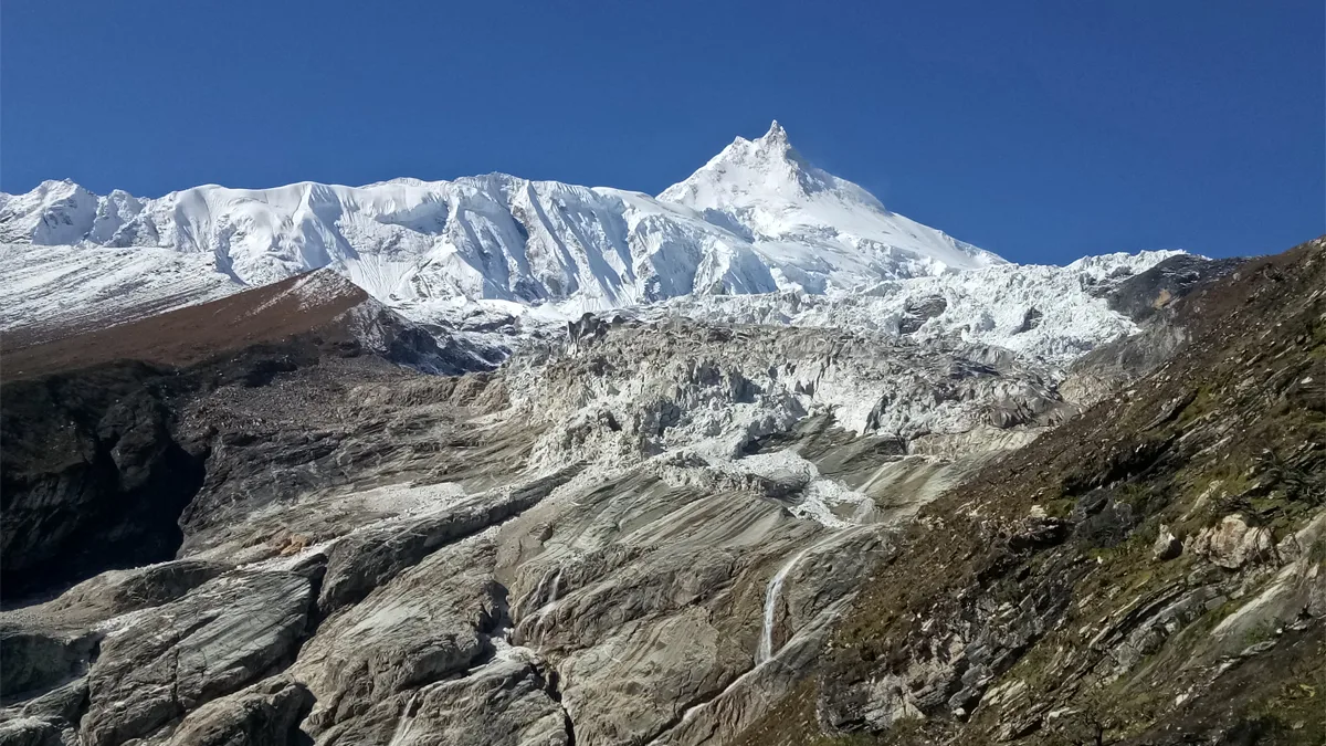 Mt Manaslu south face at 8,163 meters eighth highest mountain in world from Manaslu Circuit trek
