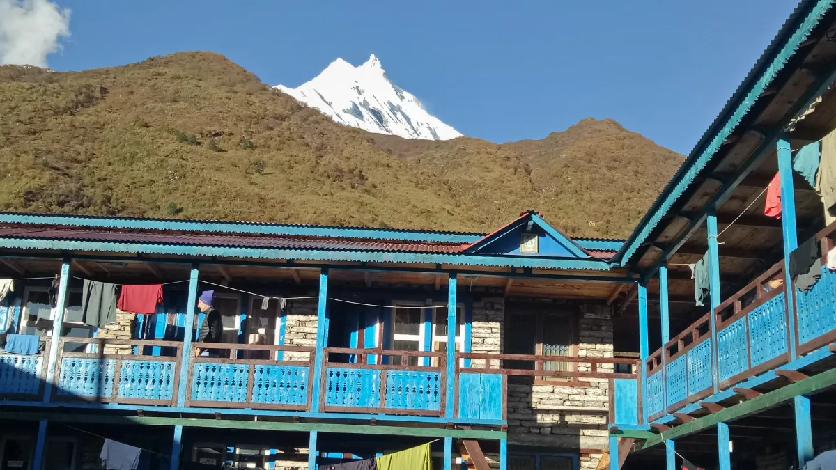 Samagaon village at 3,520 meters main hub of upper Manaslu Circuit trek route with mountain views