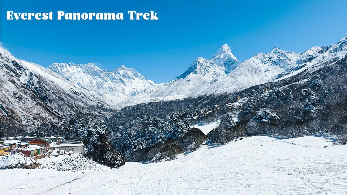 Everest and surrounding peaks covered in snow during winter trek