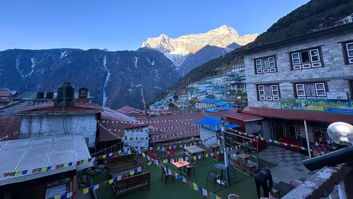 Beautiful sunrise view over Namche Bazaar in the Everest region