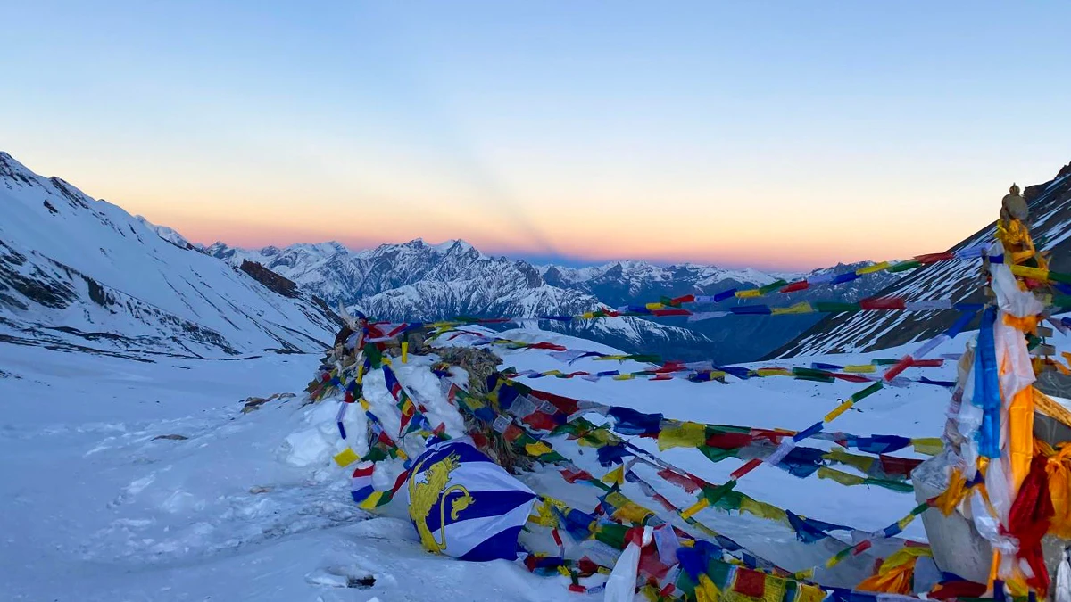 Snowy mountain landscape viewed from Thorong La Pass on the Annapurna Circuit