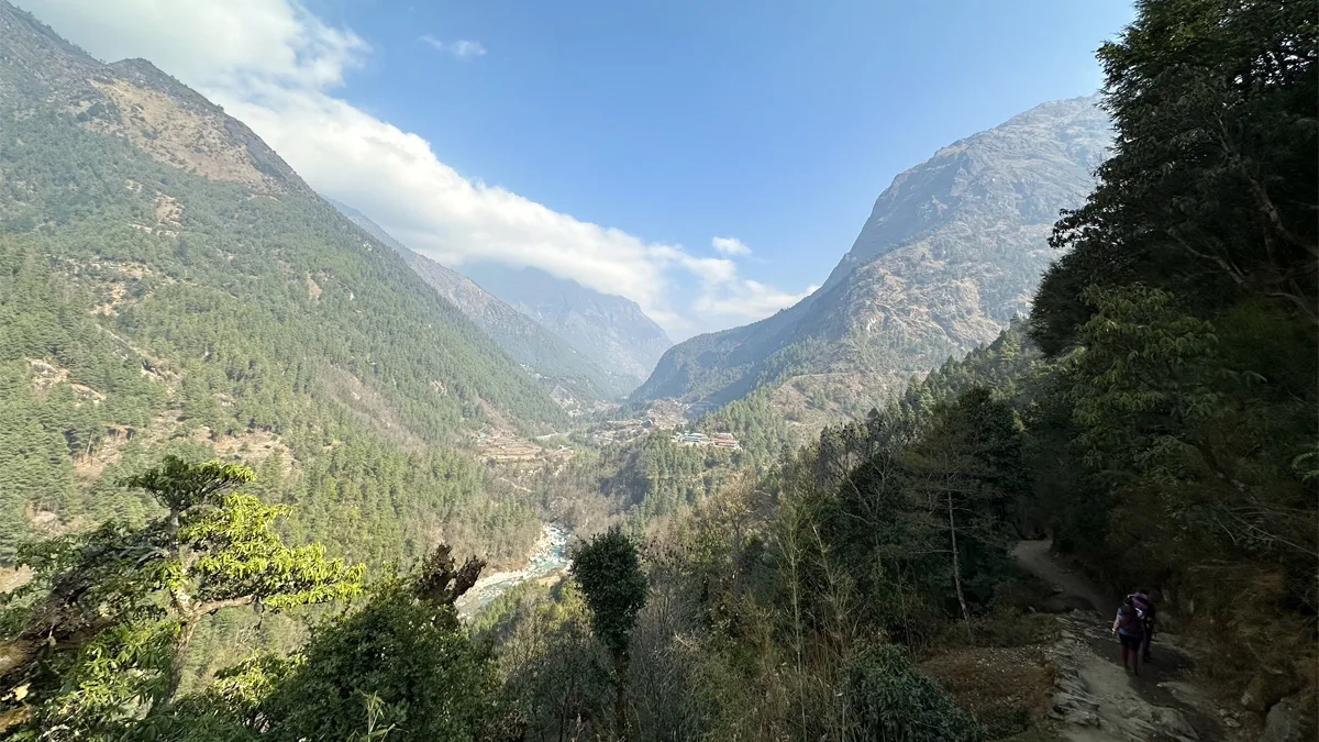 Trekkers walking from Lukla to Phakding