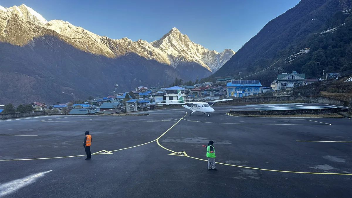 Clear morning sky over Lukla during peak trekking season