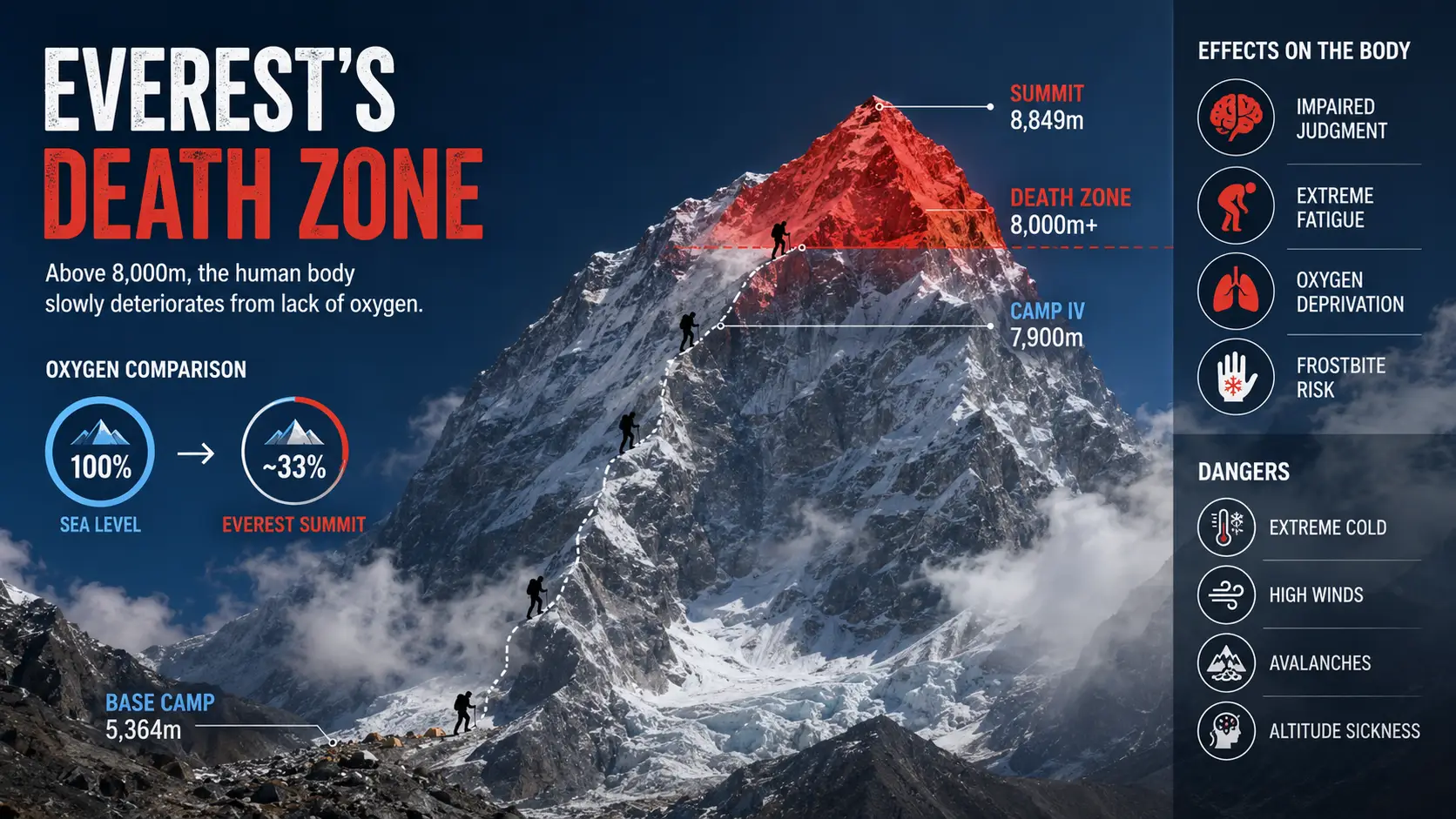 Climbers on the Everest summit ridge above 8,000m in the death zone, Nepal