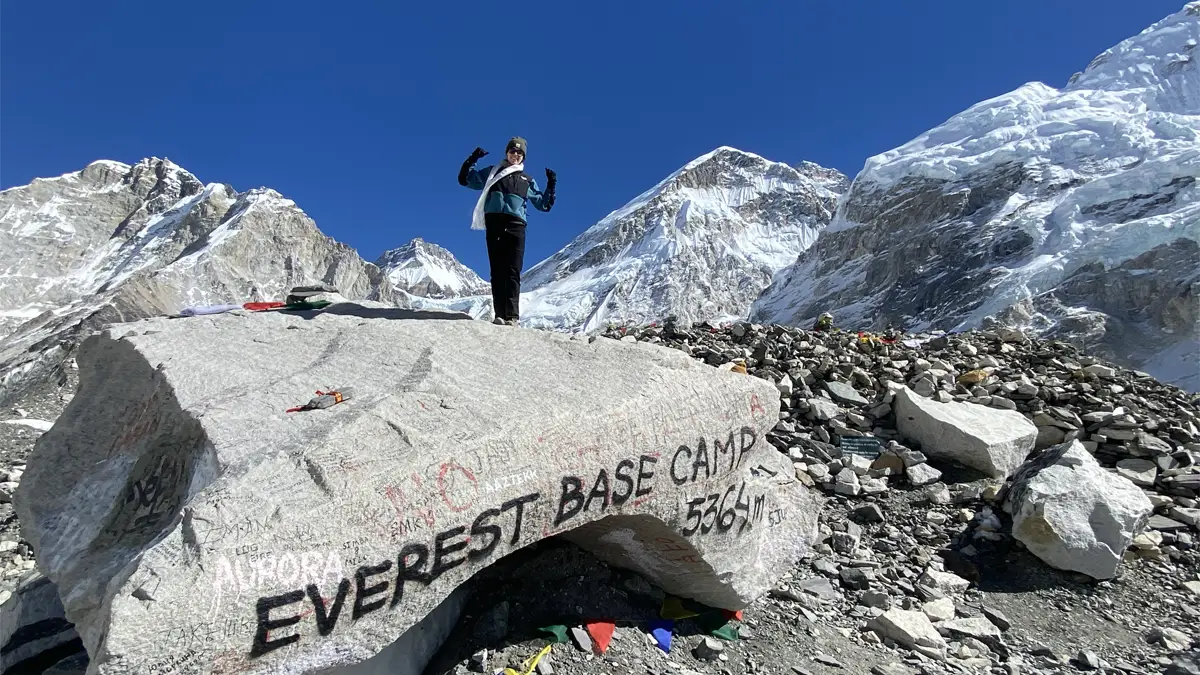 Iconic rock marker at Everest Base Camp, 5,364m, Khumbu Valley, Nepal