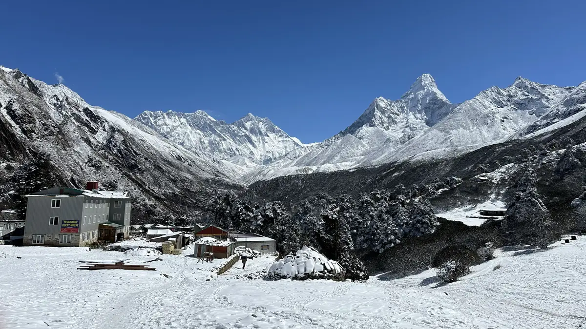 Tengboche Monastery ridge after snowfall with Himalayan peaks, Khumbu Valley, Nepal