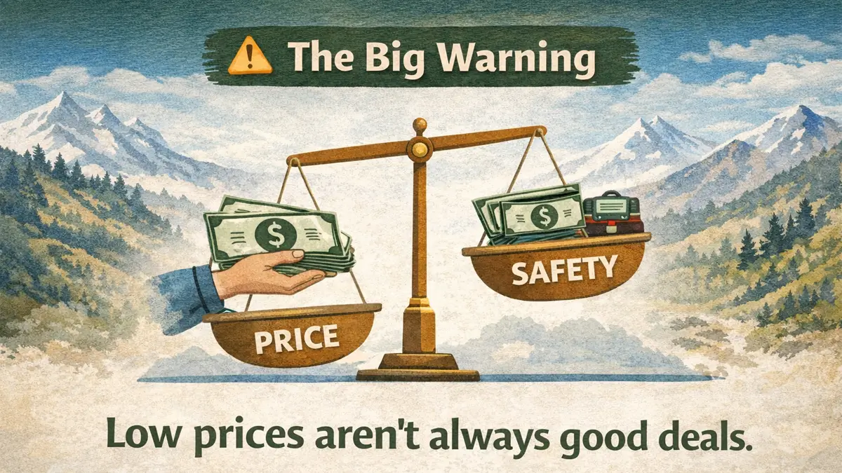 Illustration of a weighing scale comparing price and safety for trekking in Nepal, highlighting a warning that low-cost trekking packages can compromise safety.