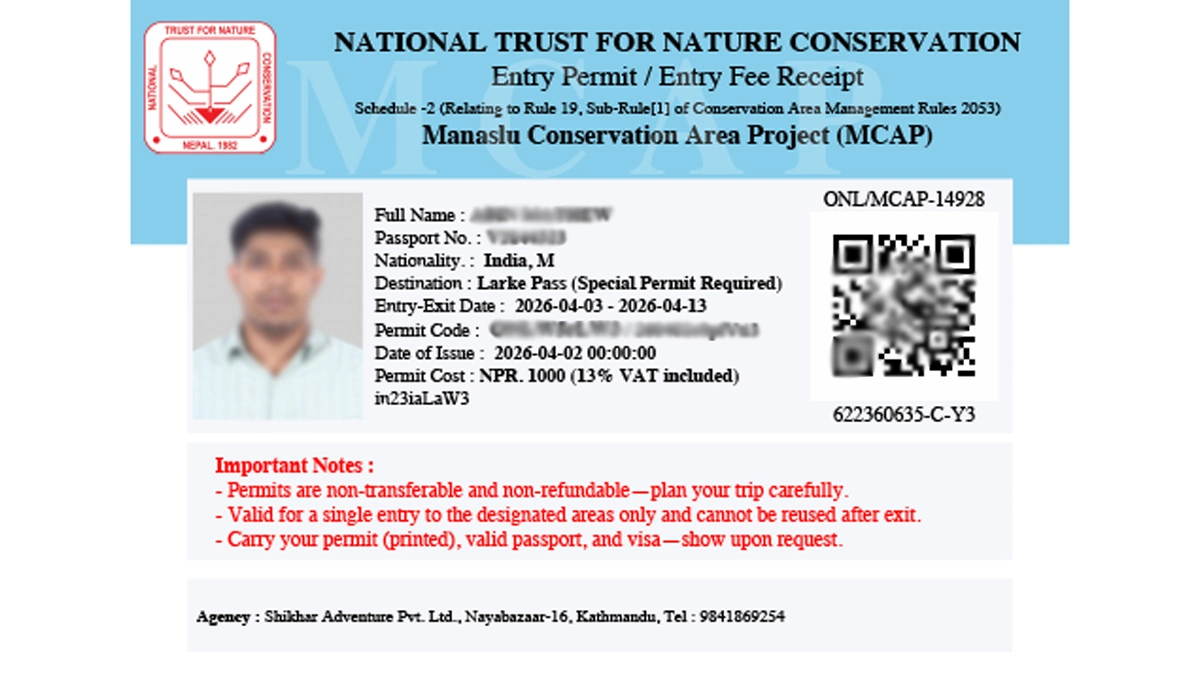 Manaslu Conservation Area Project entry permit sample