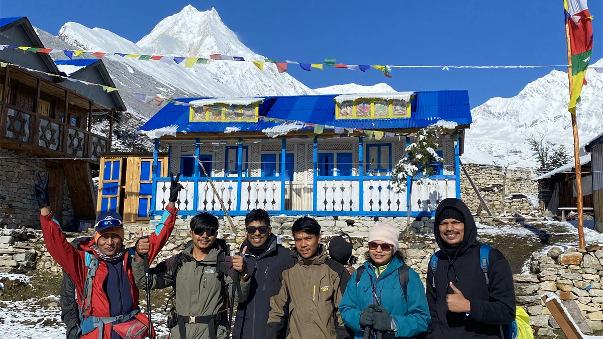 Trekkers on the Manaslu Circuit Trek trail in Nepal
